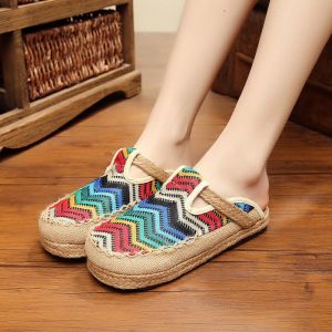 מאמאדו - כל מה שאמא צריכה הנעלה Women Rainbow Espadrilles Breathable Flax Casual Flat Backless Loafers