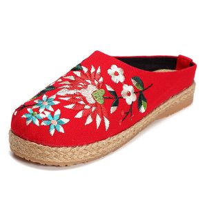 מאמאדו - כל מה שאמא צריכה הנעלה Women Embroidery Flats Flax Casual Floral Slipper