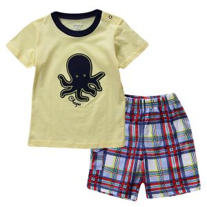 מאמאדו - כל מה שאמא צריכה תחפושות לתינוקות 2015 New Lovely Octopus Yellow Baby Children Boy Pure Cotton Short Sleeve + Shorts Suit