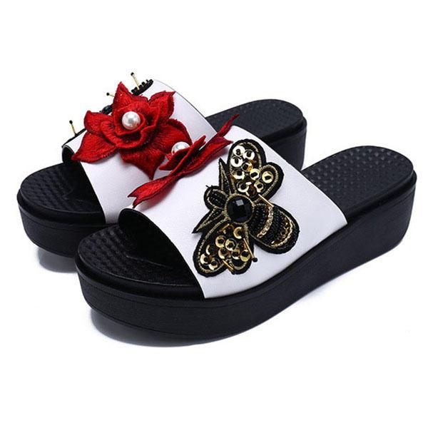 מאמאדו - כל מה שאמא צריכה הנעלה Women Summer Sandals Slip On Soft Sole Flower Embroidery Slippers